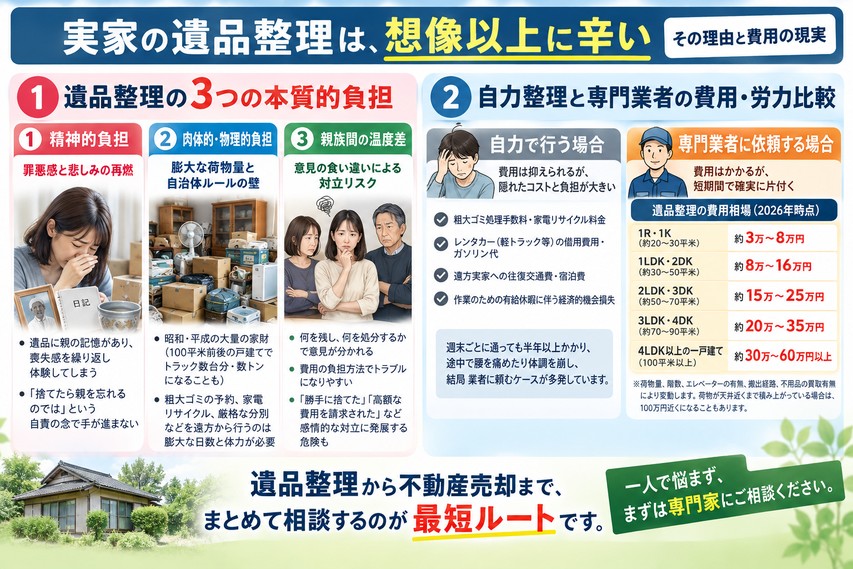 実家の遺品整理で心が折れる前に。ゴミ屋敷化・放置空き家の重税を防ぎ、不動産ごと一括解決する最短ルート