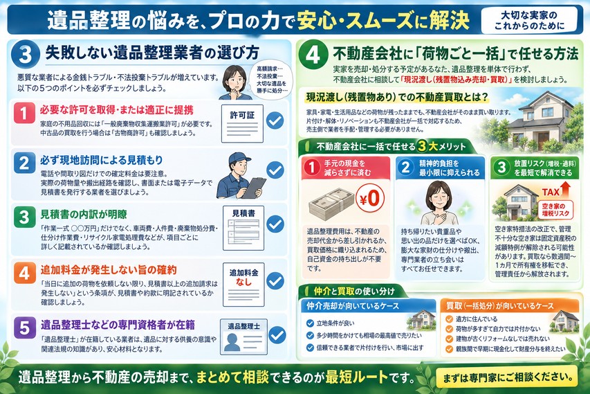 実家の遺品整理で心が折れる前に。ゴミ屋敷化・放置空き家の重税を防ぎ、不動産ごと一括解決する最短ルート